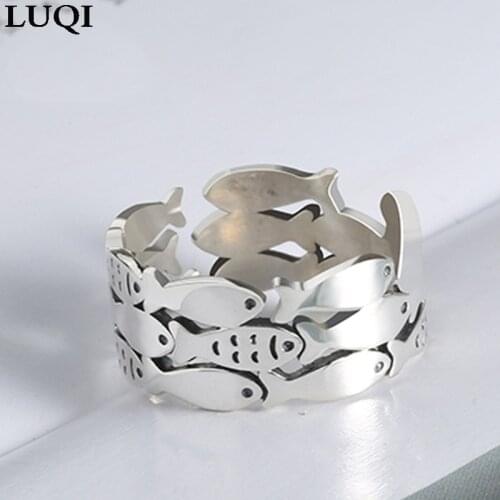 S925 silver personality fashion small fish school retro old open ring NJ443