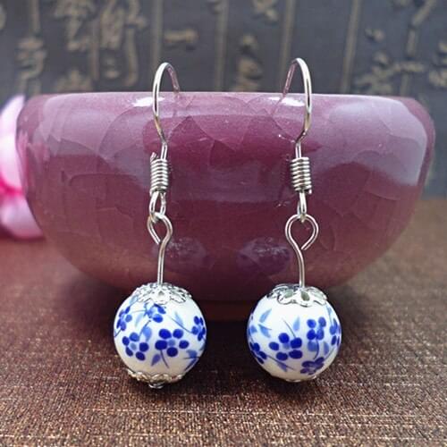 Handmade creative Earrings Chinese style ceramic Earrings Blue and white porcelain earhook national style earrings wholesale