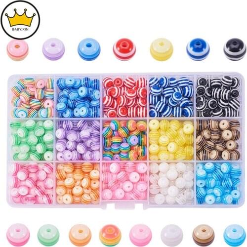 450PCS/Box 7-8mm Round Mixed Rainbow Candy Color Resin Stripe Spacer Balls Beads for Earring Bracelets Necklaces Making
