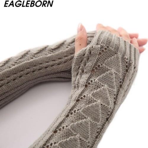 Fashion Women Glove Arm Triangle Stitching Hollow Fingerless Half-finger Woolen Long Gloves Winter Ladies Knitted Warm Arm Cover