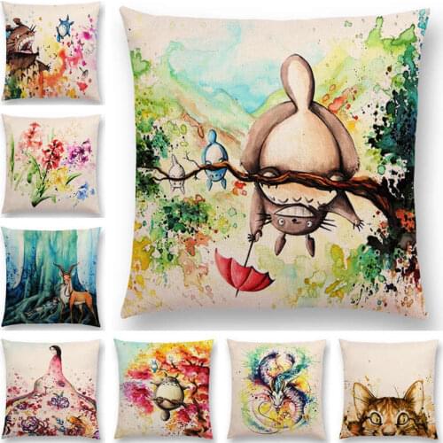 Newest Hayao Miyazaki Works Pillowcase Watercolor Totoro Howls Moving Castle Spirited Away Castle In The Sky Cushion Cover
