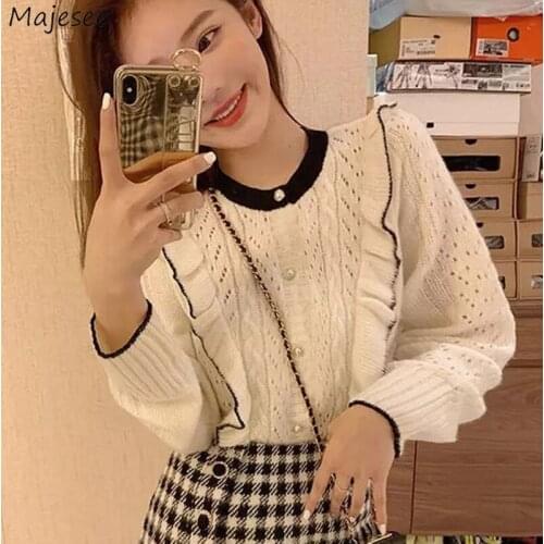 Pullovers Women Knitting O-neck Button Patchwork Ruched Ruffles Princess Style Sweet Lady Girls Korean Elasticity Sweaters Tops