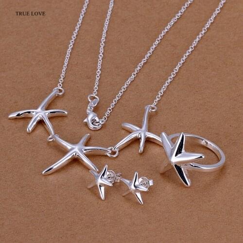 S174 Silver color Sea Star Necklace Ring Earrings Set Fashion Jewelry pretty cute design and good quality wedding gift
