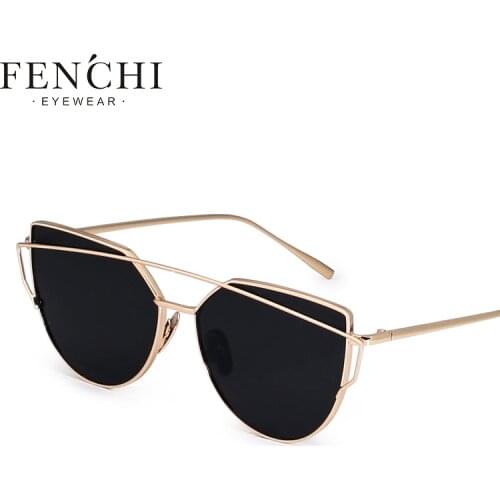 FENCHI Vintage Cat Eye Sunglasses Women Brand Designer Twin-Beams Shades Female Oversized Coating Mirror Flat Top UV400