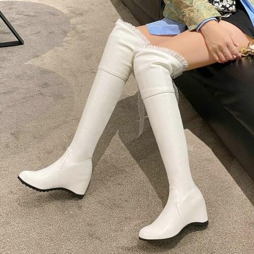 2021 Female Lolita Over The Knee Boots Warm Autumn Winter Fashion Ribbon Long Boots Ladies Height-Increasing Slim Womens Shoes