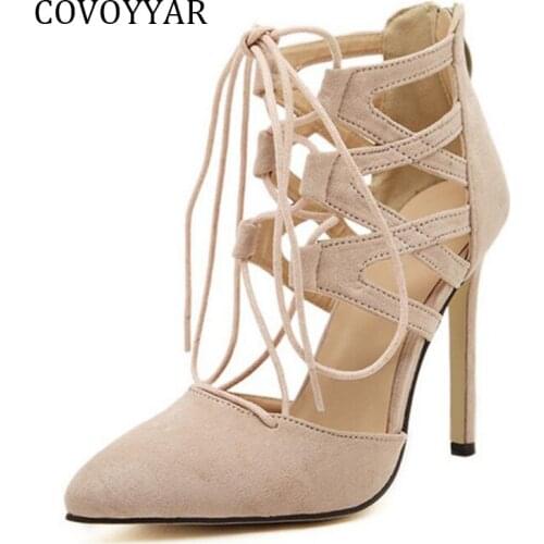 COVOYYAR 2019 Lace Up High Heels Pointed Toe Women Pumps Spring Autumn Fashion Stilettos Women Shoes Gladiator Sandals WHH543