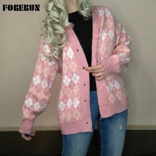 FORERUN Oversized Argyle Sweater Women Checkerboards Cardigan V Neck Elegant Lazy Style Pink Sweater Knit Top Dropshipping