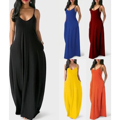 Summer Women Solid Long Dress Casual Spaghetti Strap V-neck Sleeveless Maxi Dress Pocket Loose Beach Party Sundress Plus Size