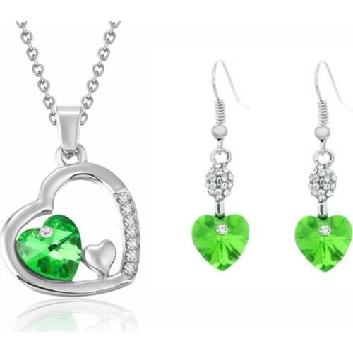 925 sterling silver necklace earrings ladies, water drops peach heart green jewelry, wedding / engagement Fine jewelry set