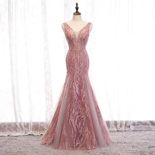 Bespoke Occasion Dresses Illusion V-Neck Sleeveless Sequined Beading Embroidery Lace Tulle Pink Women Formal Evening Gown HB204