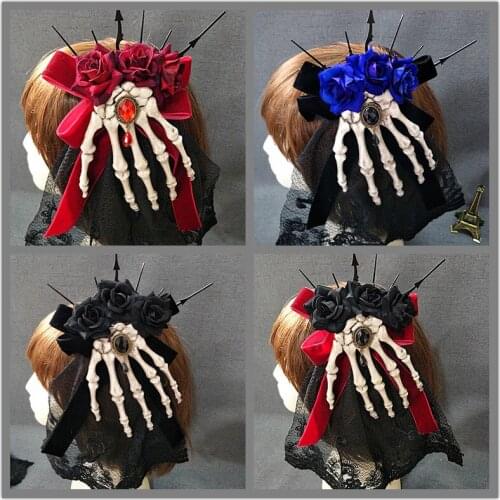 Handmade Gothic Lolita Cosplay Accessory Skeleton Hand Bone Crystal Rose Headwear Hairpin Brooch Halloween Prop
