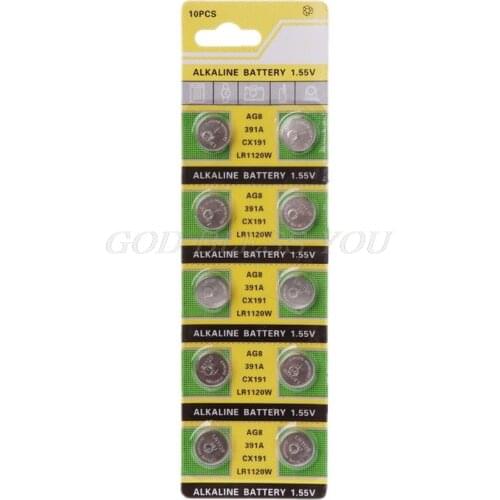 10PCS Watch Battery AG8 1.55V Li-ion Button Coin Cell Batteries LR1120 391 SR1120 191 LR55 Toys Remote Camera CPU Drop Shipping