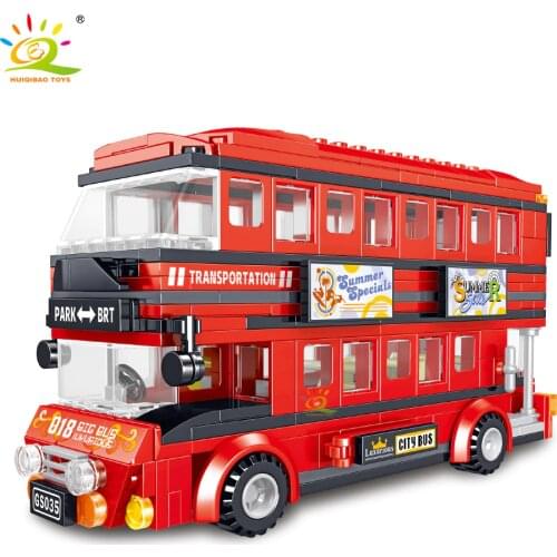HUIQIBAO 398Pcs Red Double Decker Bus Building Blocks City Street View Figures Bus Car Vehicle Bricks Toys Children Gifts