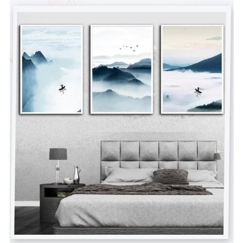 Chinese water color black and white mountain sunrise canvas poster bedroom home decor Abstract landscape wall picture