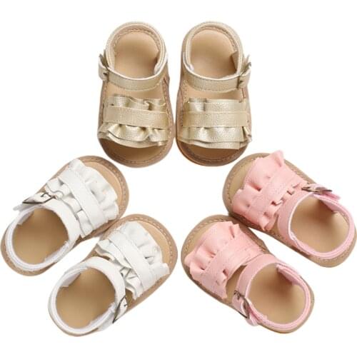 Baby Girls Leather Sandals Anti-slip Open Toe Soft Sole Prewalker Summer Ruffled Princess Shoes Solid Color Flat First Walker