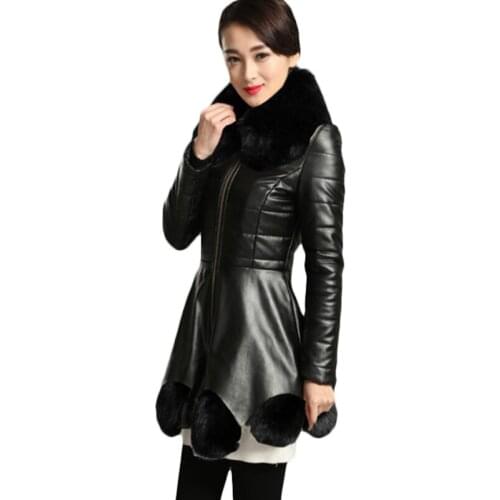 New Imitation Fox fur collar PU leather Jacket Winter Warm Jackets Womens Plus size Jackets Mink splice Windproof Overcoat F1079