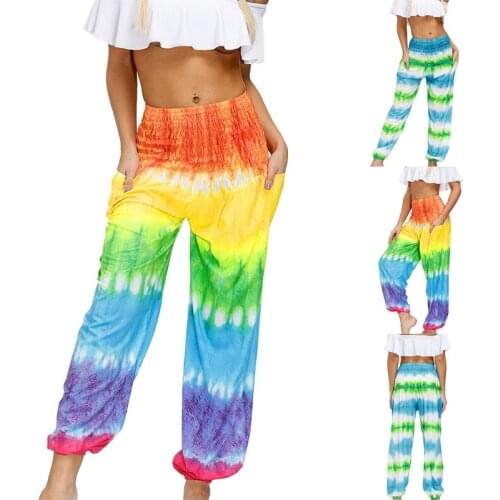 Summer Harem Pants Hippie Yoga Bohemian Beach Pleated Waist Womens Color Printed Trousers