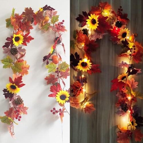 Autumn Fruit And Sunflower Maple Leaves Flower Garland Luminous Artificial Rattan For Halloween Home Decoration