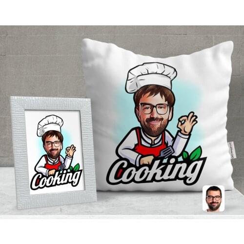 Personalized Men 'S Chef Caricature Of Decorative pillow And Frame Gift Seti-14