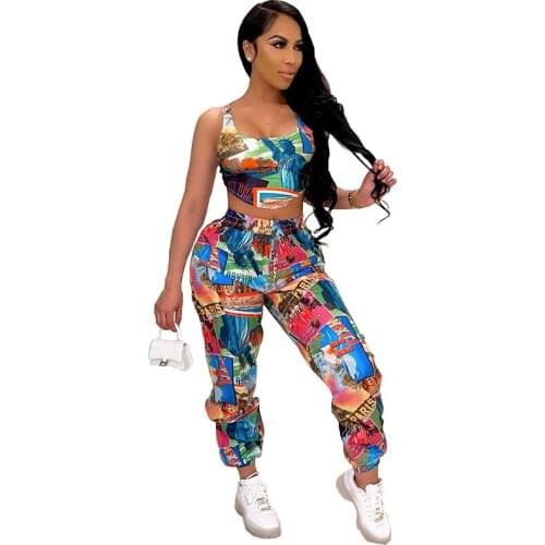 Sexy Stylish Womens Two-piece Print Vest Top And Belted Pantsuit Sportleisure 2021 New Summer High Quality African Clothing
