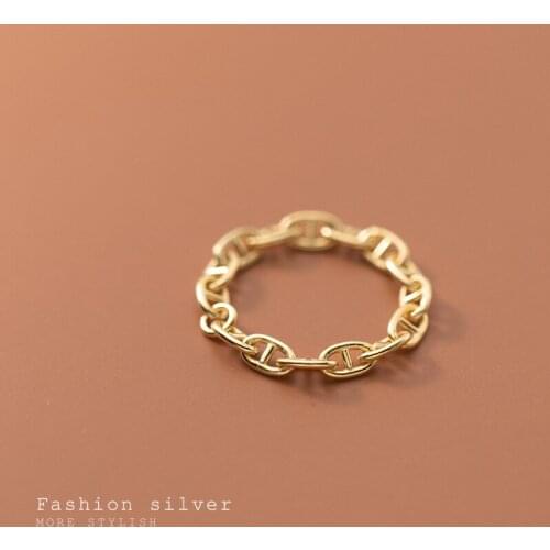 Real 925 Sterling Silver Simple Hollow Chain Rings Geometric Interlocking Ring for Women