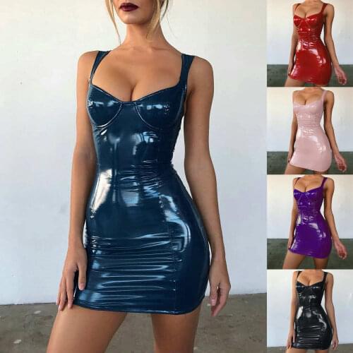 Sexy Leotard Mini Dress Women Push Up Micro Backless Club Party Solid Black Wet Look Latex Bodycon Faux Leather Short Dress