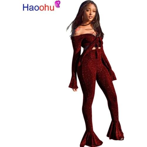 HAOOHU Silver Silk Elastic Bow Off Shoulder Set Womens Strapless Navel Top And Flare Pants Clubwears Sexy Two-Piece Set