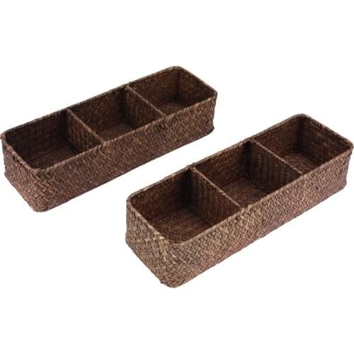 3-Section Wicker Baskets for Shelves, Hand-Woven Water Hyacinth Storage Baskets, 2-Pack Toilet Paper Basket