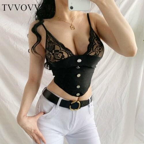 TVVOVVIN Fashion Mesh Lace Stitching Button V Neck Show Thin Backless Sexy Vest Tops Tank Girl Female Woman O88C