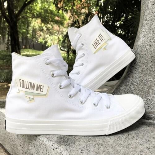 Wen Original Design Words Slogan FOLLOW ME LIKE IT High Top White Men Canvas Athletic Shoes Black Women Sneakers Skateboard