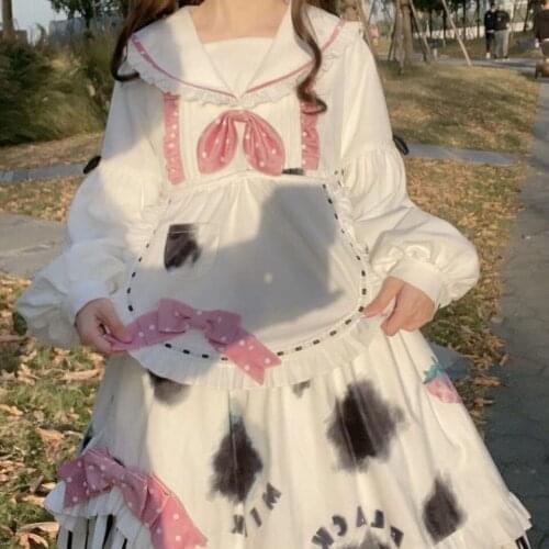Spring/Autumn Japanese Lolita Girl Dress Strawberry Cow Style Cow Spots Blooming Gothic Angel Lolita Maid Costume Woman dress