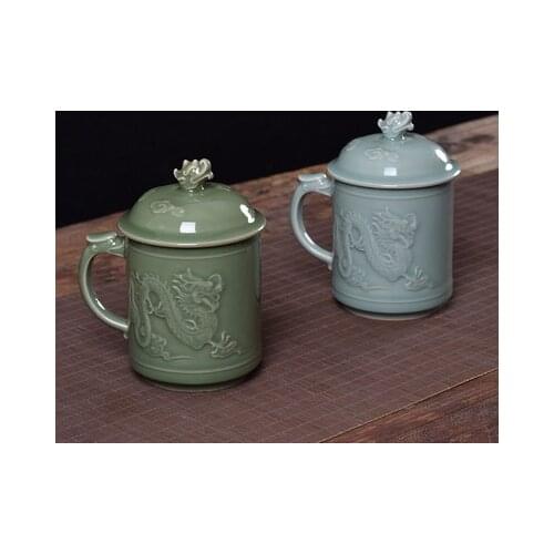 NEWYEARNEW 1piece Ceramic Lucky Dragon Teacup Mug with Lid Retro Tea Single Cup Tureen of Teaware Set Business Gift Tableware