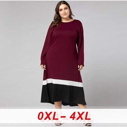 Women Loose O Neck Long Sleeve Hit Color Patchwork Ruffles Hem Midi Dresses Casual Daily Home Basic Wear Plus Size Swing Dress