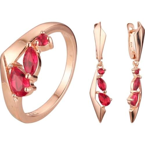 New Arrival Women Red Cubic Zircon Ring Jewelry Set 585 Rose Gold Color Luxury Gift for New Year