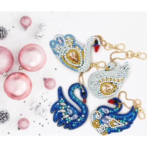 4pcs DIY Full Drill Diamond Painting Acrylic Blue White Swan Shaped Key Chain Exquisite Bag Decoration Accessories
