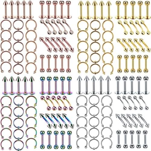 40PCS/set Surgical Steel Body Piercing Jewelry Eyebrow Nose Ring Tongue Bar Lot Lip Ear Labret Piercing Set Horseshoe Ring