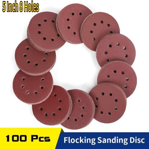 110 Pcs 5 Inch 125MM 8 Hole Hook and Loop Flocking Sanding Discs Assorted Grits Sandpaper For Power Random Orbital Sander