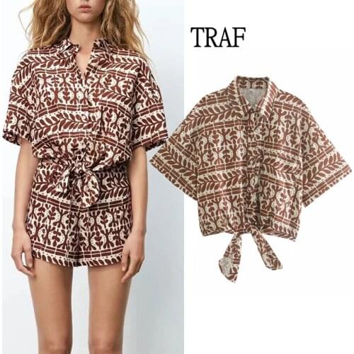 TRAF Za Woman 2021 Summer Women Blouses Vintage Linen Print Short Sleeve Shirt Fashion Bow Tie Women Tops And Bloues Casual Top