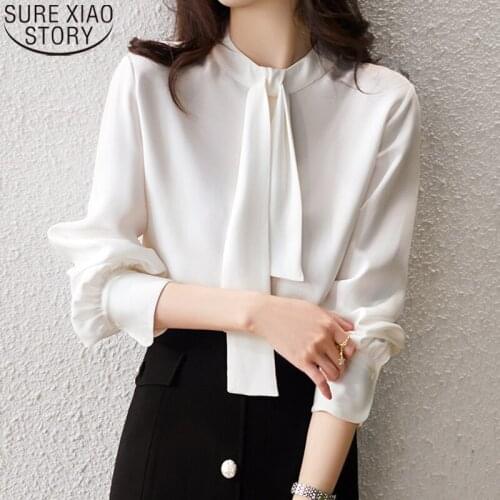 Office Lady Fashion Tie Blouse Women Stand Collar Elegant 2021 New Autumn Silk Shirt White Blouses Long Sleeve Blusas Tops 16577