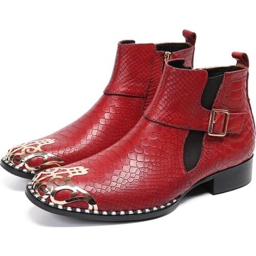 Large Size Metal Toe Red Leather Man Ankle Boots Fashion Wedding Party Mens Short Boots Buckle Zipper Botas De Hombre