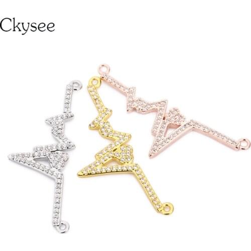Ckysee Micro Paved CZ Zircon Copper Heartbeat Charm Connectors 15X38.9mm With Double Hole Connectors For Bracelet Diy Jewelry