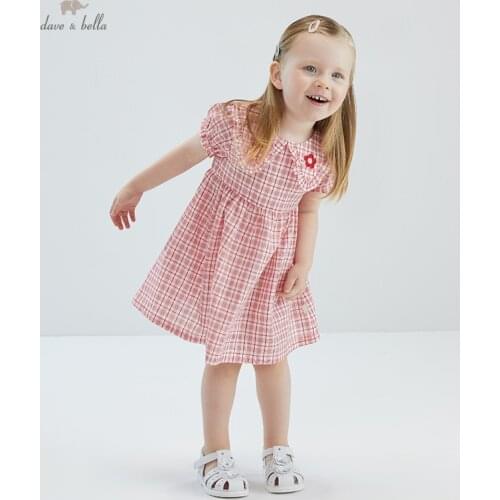 DBM17516 dave bella summer baby girls cute floral plaid print dress children fashion party dress kids infant lolita clothes