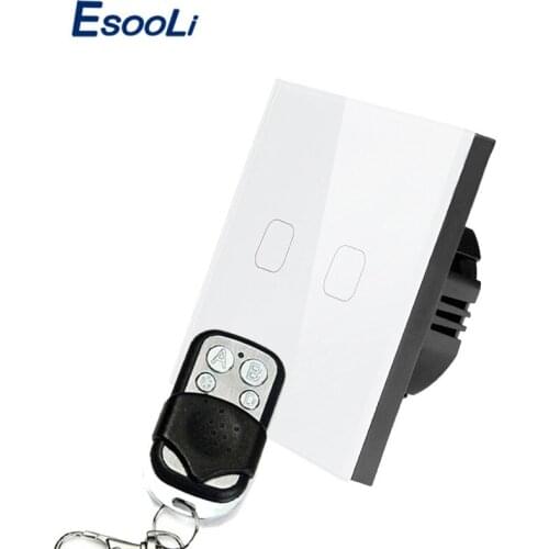 Esooli EU Standard Smart home 2 Gang 1 Way Remote Control Touch Switch Remote Wall Light Switch With Crystal Glass Panel LED