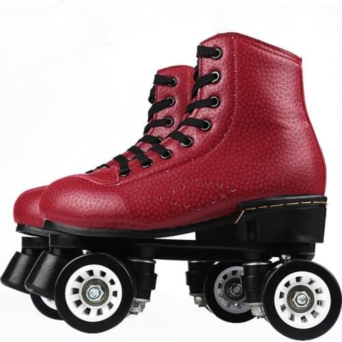 Womens Retro Wine Red Quad Roller Skates Shoes Cowhide Leather Glow Flash Wheels Sport Footwear Outdoor Dance Exercis Equipment