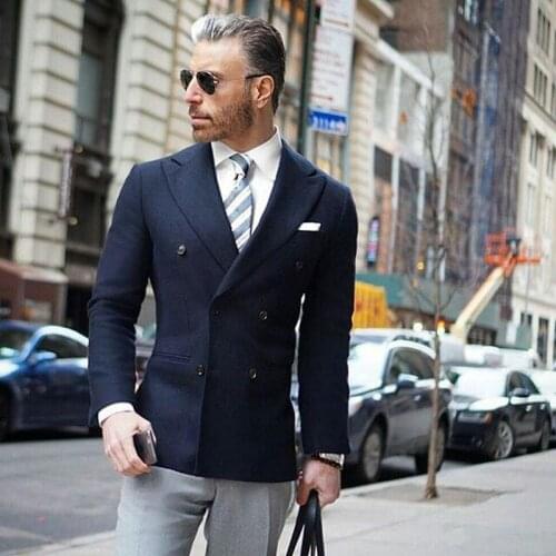 Gentle Navy Blue Men Suits for Wedding Groom Tuxedo Business Groomsmen Blazer trajes de hombre 2Piece(Blue jacket+White Pant)