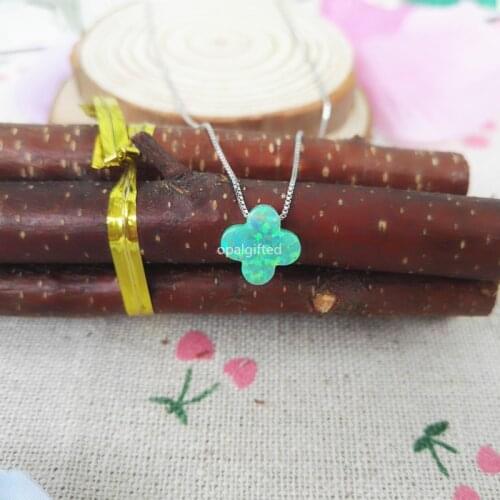 Free Shipping Lucky four leaf clover pendant necklace OP11 green fire synthetic opal clover pendant necklace wholesale price