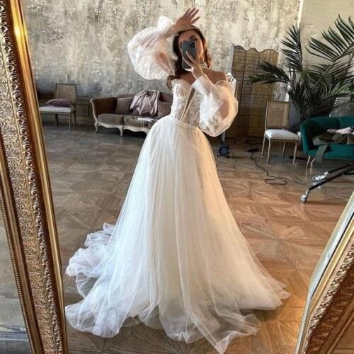 Off The Shoulder Illusion Puffy Long Sleeves Wedding Dresses A Line Tulle Sweep Train Bridal Gowns Lace Appliques Vestido De Nov