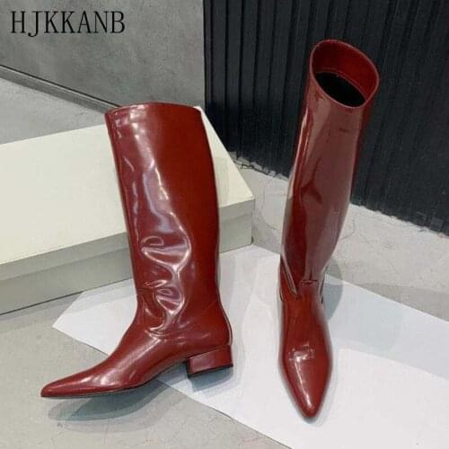 Solid Color Knee High Boots Women Autumn Winter New Pointed Toe Soft Patent Leather Slip On Knight Boots Low Heel Long Boots