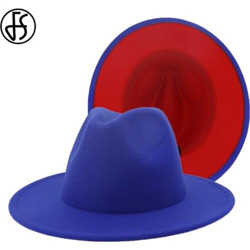 FS 60CM Women Hat 2020 New Royal Blue Red Patchwork Wool Felt Jazz Fedora Hats Men Wide Brim Panama Cowboy Trilby Cap
