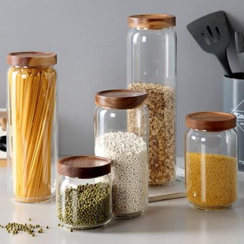 Wood Lid Glass Kitchen Storage Bottles Jars Food Container Grains Tea Coffee Beans Grains Candy Jar Containers Airtight Canister